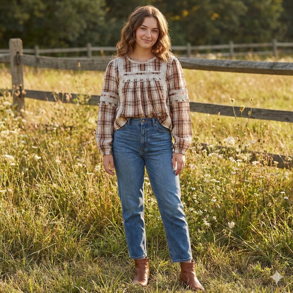 American Eagle Plaid Lace Trim Boho Top – NWOT Romantic Ruffle Tie-Back (Small)
